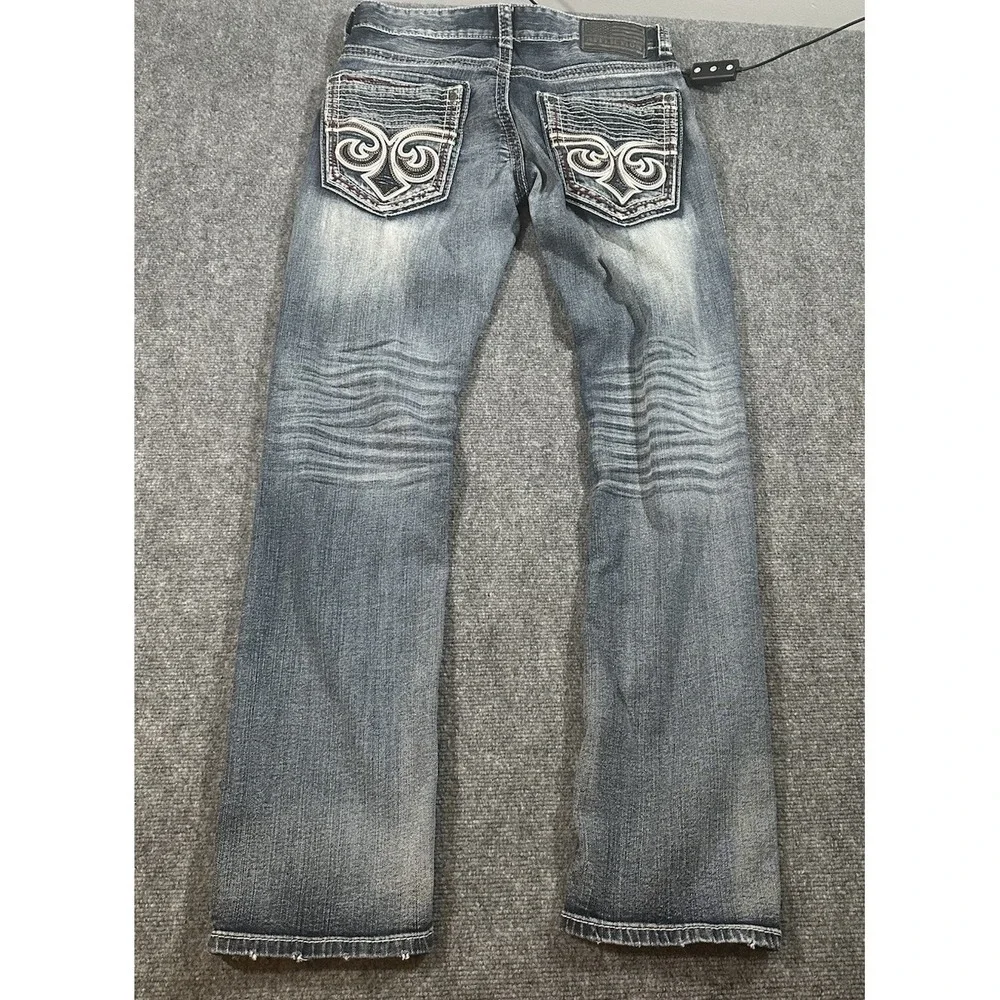 Affliction Mens Blue Jeans 32x33 Gage Straight Leg Whiskered Embroidered Y2K
